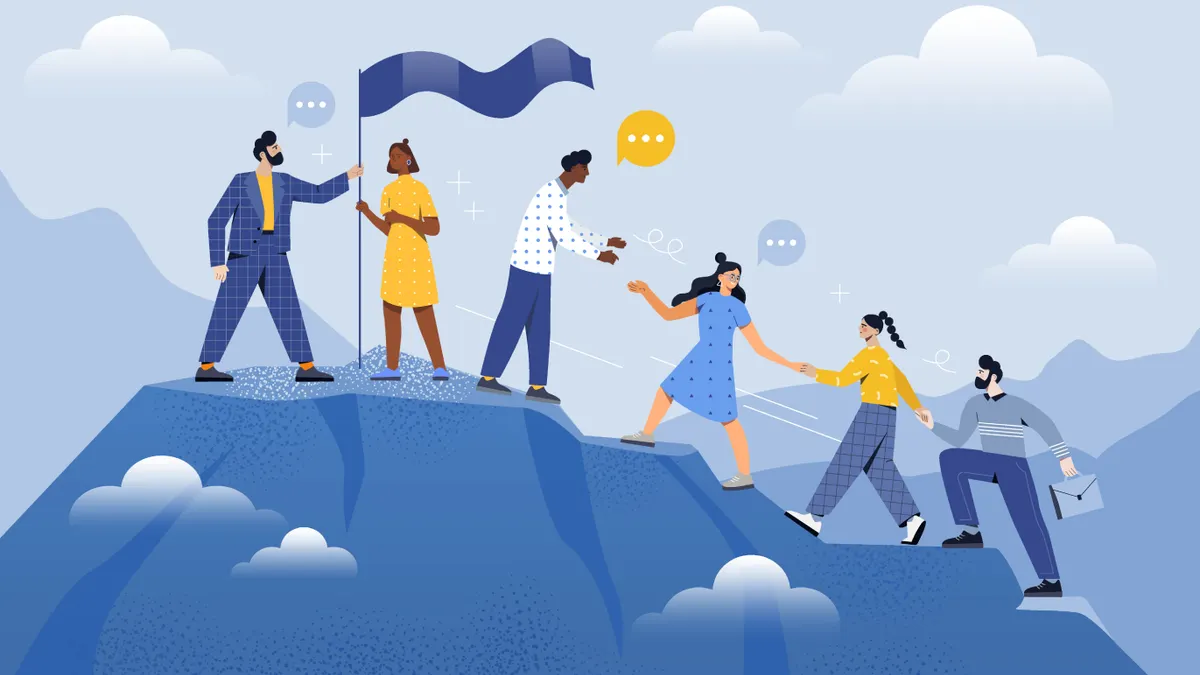 Male and female coworkers are helping each other to climb up the mountain together. Teamwork partnership. Company employee challenge to climb to mountain together. Flat cartoon vector illustration