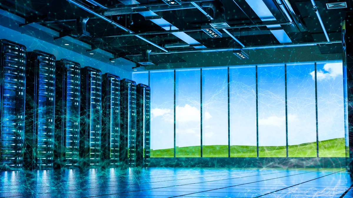 Network server rack next to a window looking out into the clouds.