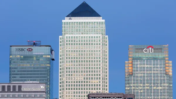 View of the Canary Wharf skyline with the corporate office buildings in London at dusk