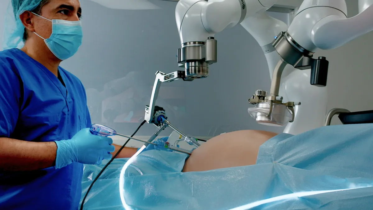 A person holds a surgical tool while monitoring a robotic arm over a patient's abdomen.