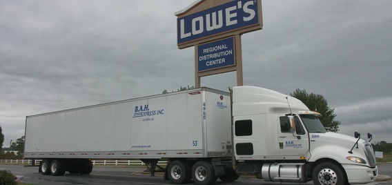 Truck leaving Lowe's distribution center.