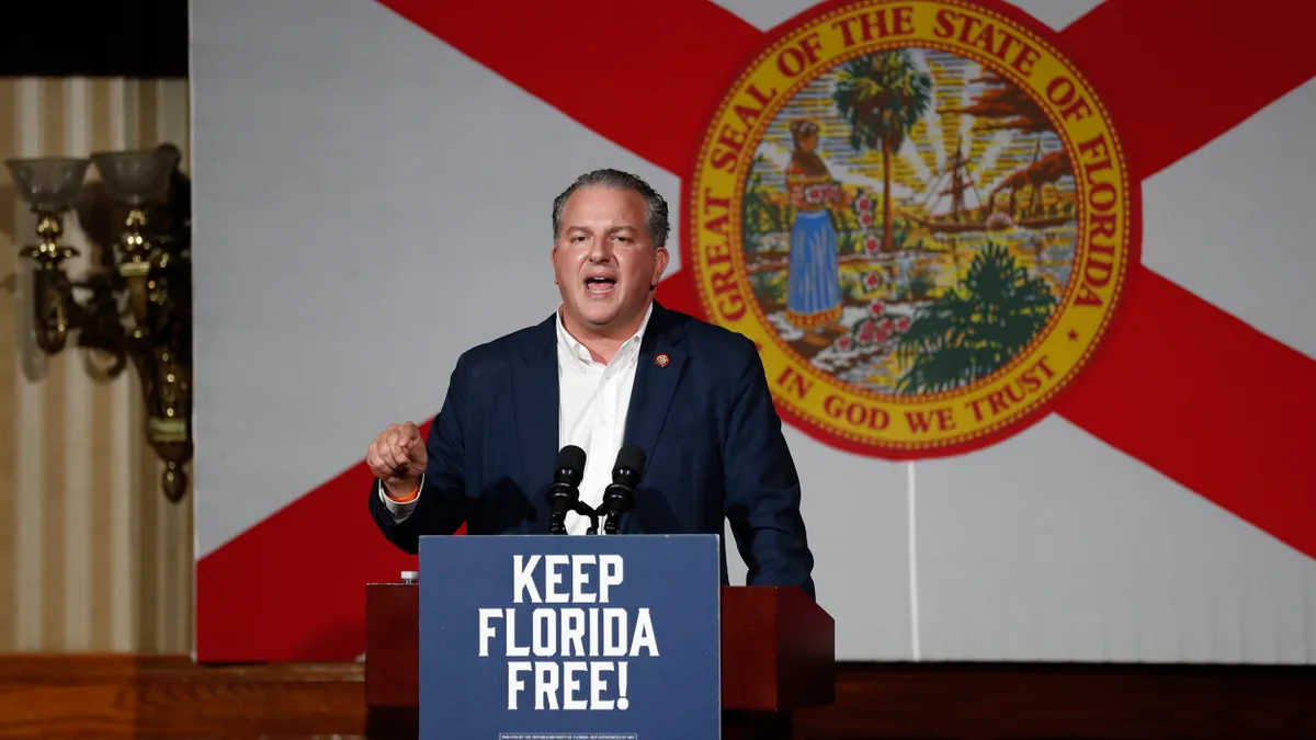 Florida CFO Jimmy Patronis introduces Ron DeSantis during a Nov. 7, 2022 rally in Orlando Florida.