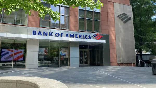 A Bank of America office location is shown, with the bank's flag logo and "Bank of America" signage on the building front.