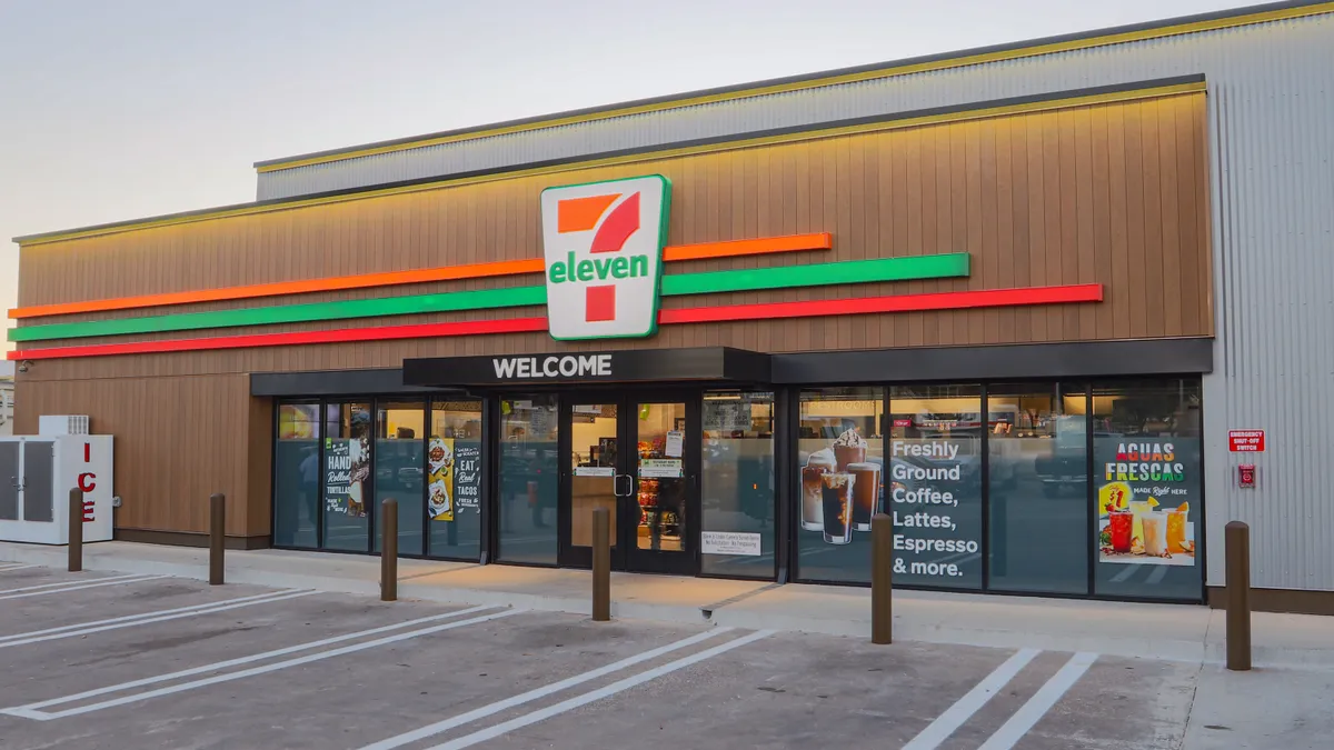 A photo of the exterior of a 7-Eleven.