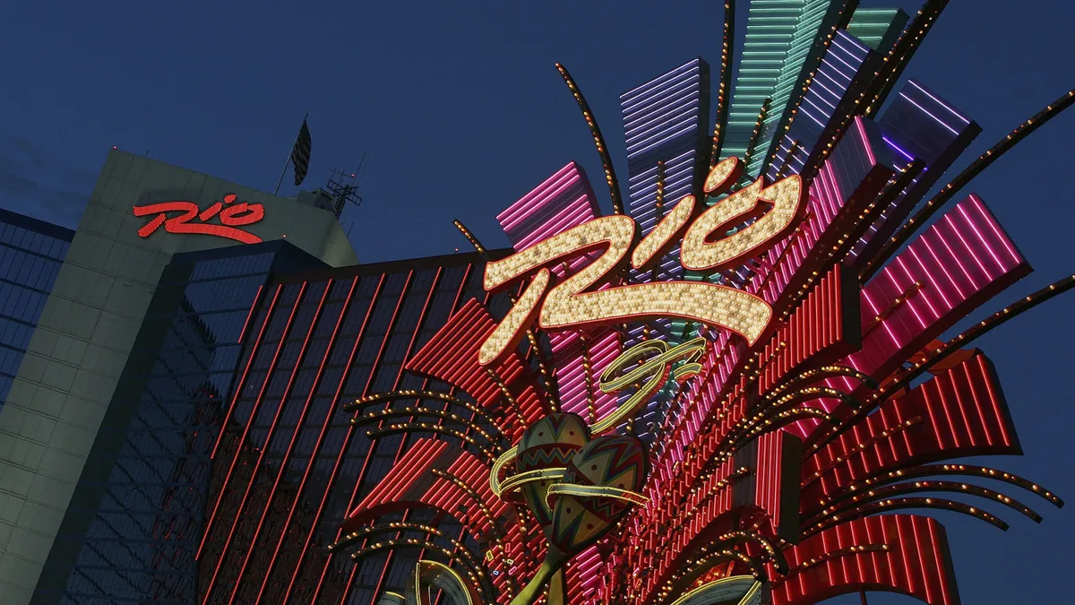 The exterior logo sign at the Rio Hotel & Casino in Las Vegas.