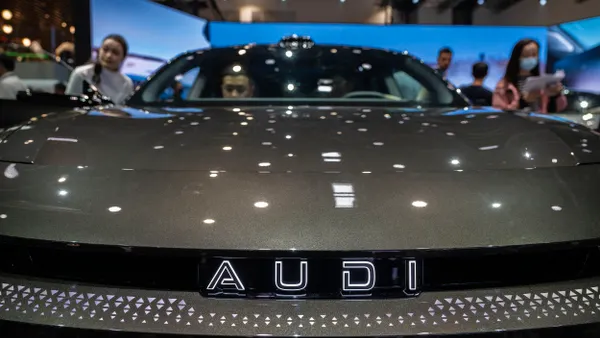 Audi logo is seen on an electric vehicle at the Beijing International Auto Exhibition on April 24, 2026 in Beijing, China.