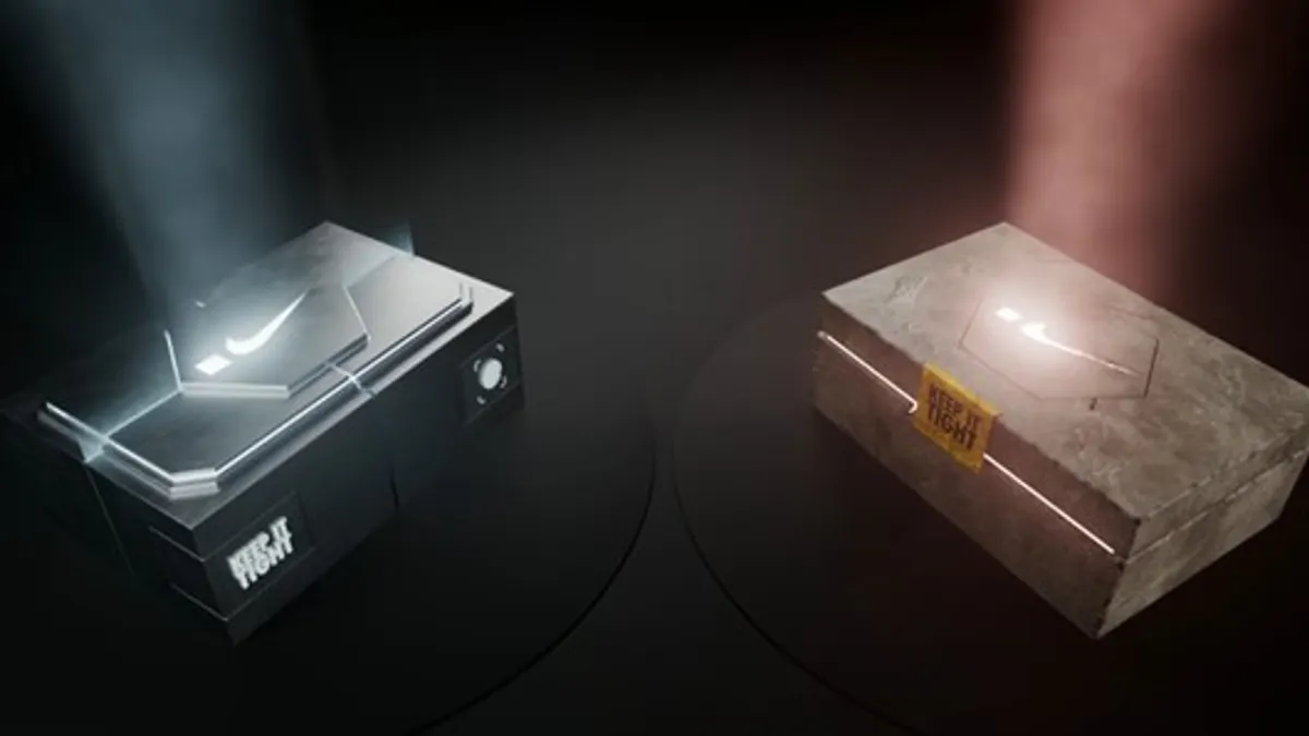 Two boxes with Nike swoosh marks on them against a black background.