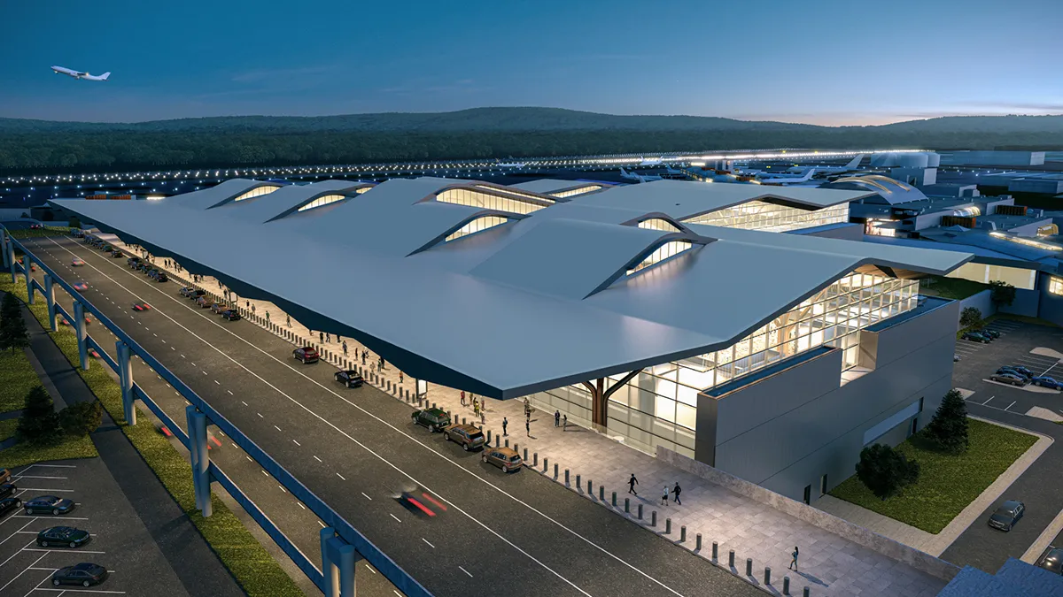 Aerial view of improvements at Pittsburgh International Airport.