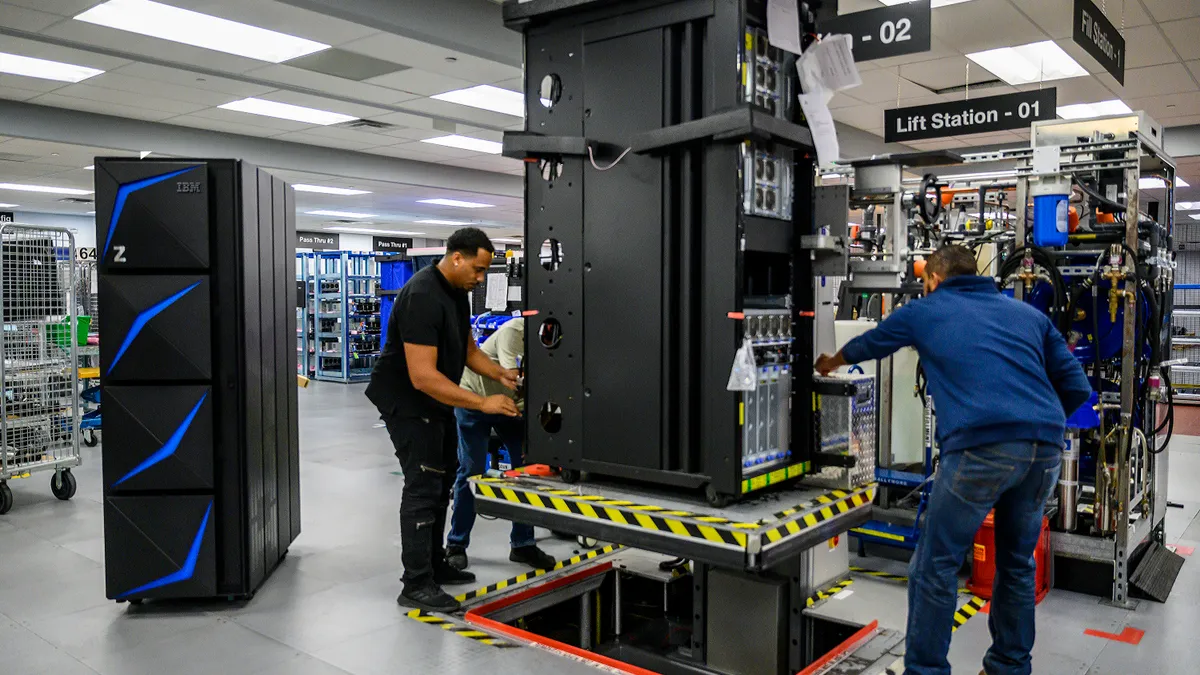 Engineers assemble an IBM Z system mainframe. The anniversary of the first commercial available mainframe, IBM's System/360, is April 7, 2024.