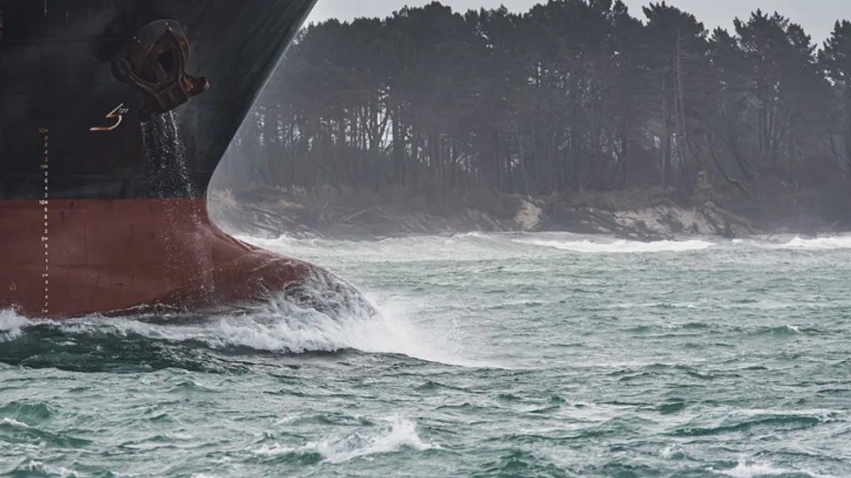 Rutter of ship navigating stormy waters.