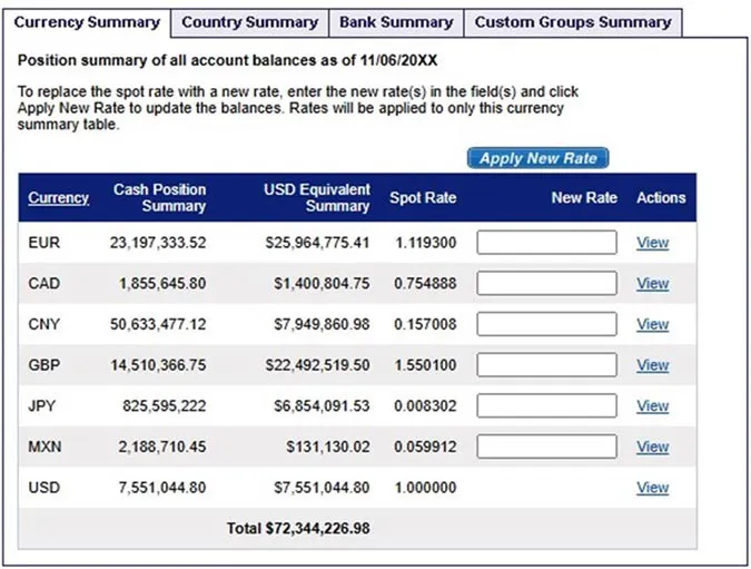 A summary view of a company's cash balances by country, bank and currency using US Bank's platform.
