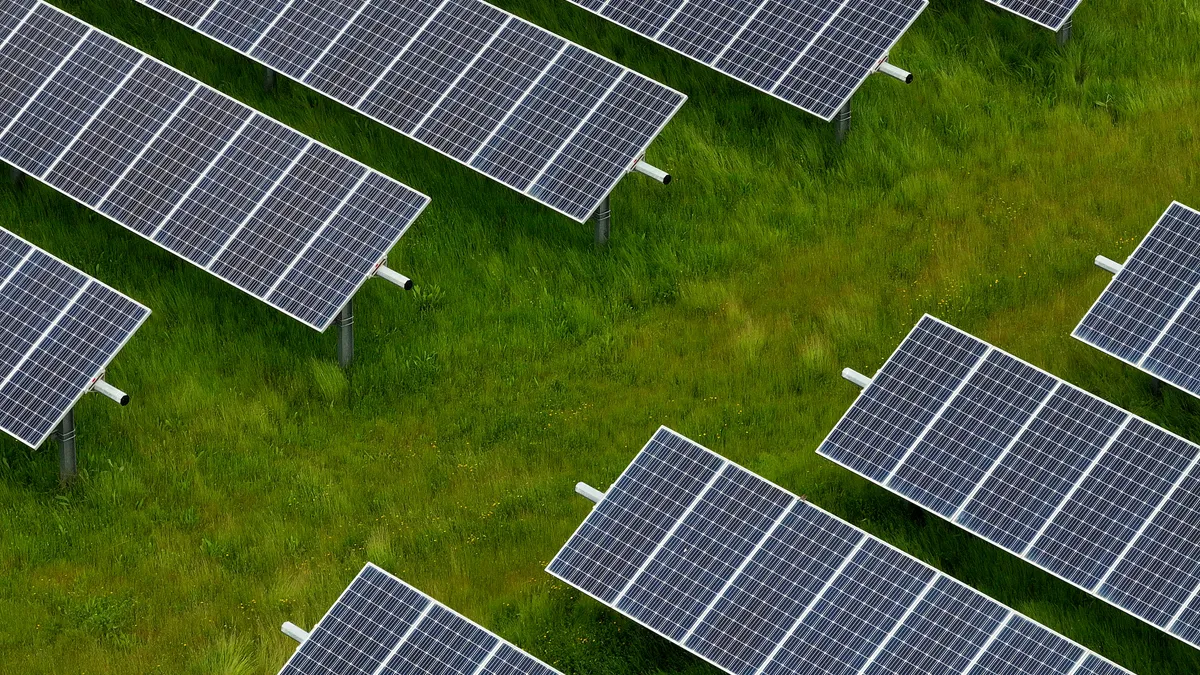 In an aerial view, solar panels are seen at MCE Solar One solar farm on April 25, 2024 in Richmond, California.