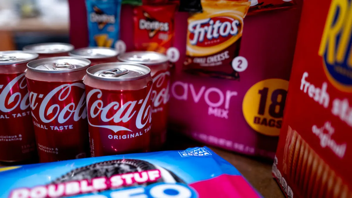 Snacks from Mondelez, Coca-Cola and PepsiCo are seen on display