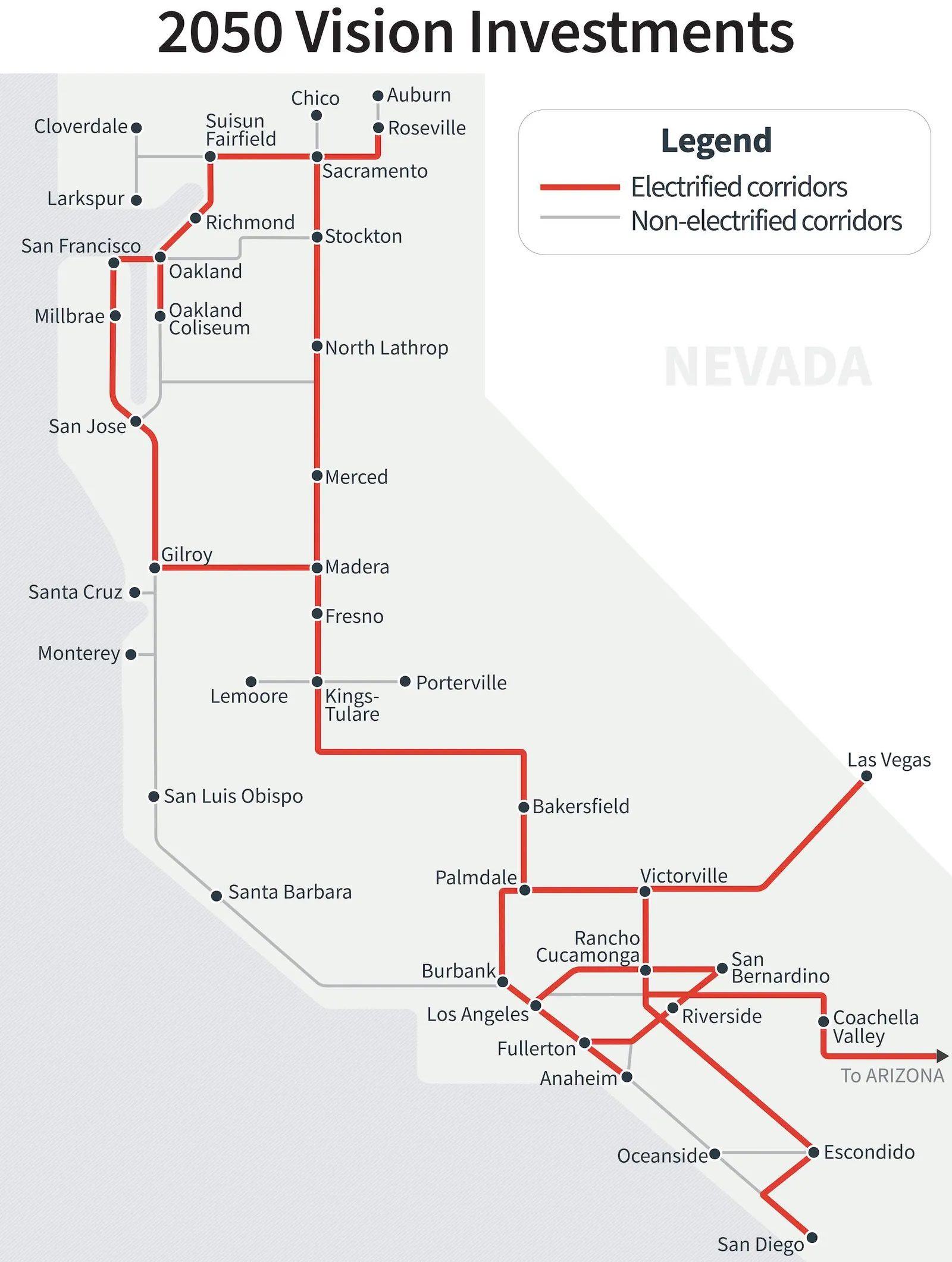 Map of rail lines in California showing in red those planned to become zero-emission by 2050.