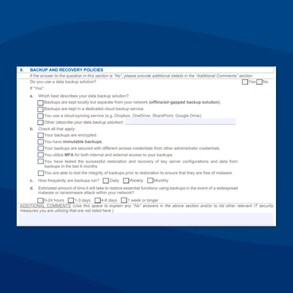 Example of a questionnaire in a cyber insurance application form