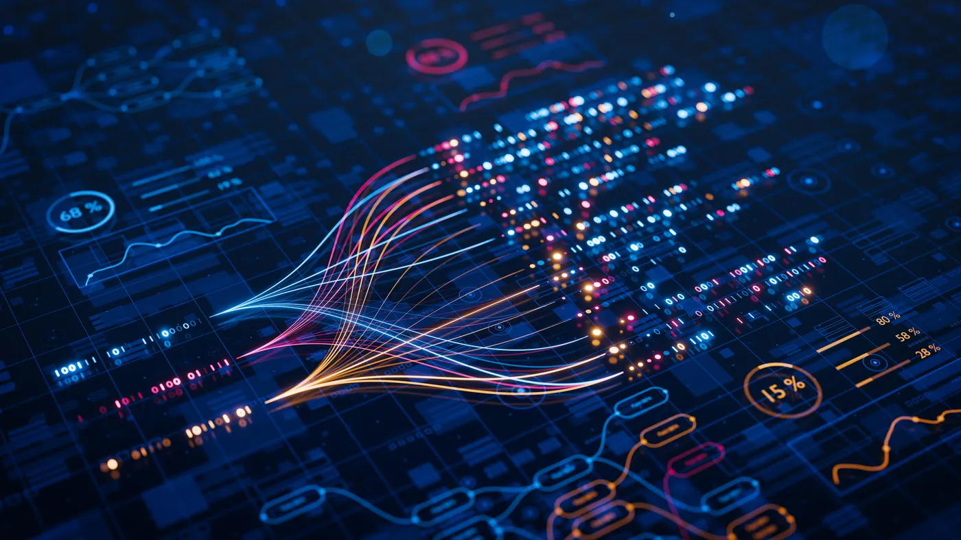 AI powers big data analysis and automation workflows, showcasing neural networks and data streams for business.