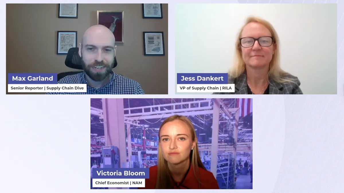A screenshot of three boxed panels in a webinar, each with a person inside the panel box.