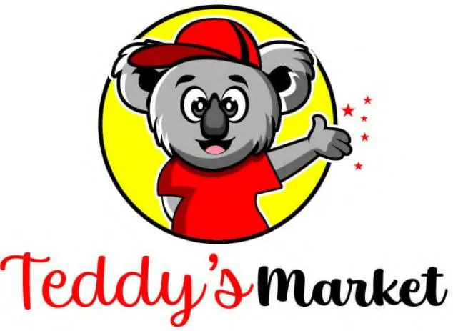 A cartoon koala in a red had and shirt waves from inside a yellow circle, with stars near its hand. Text along the bottom says Teddy's Market.