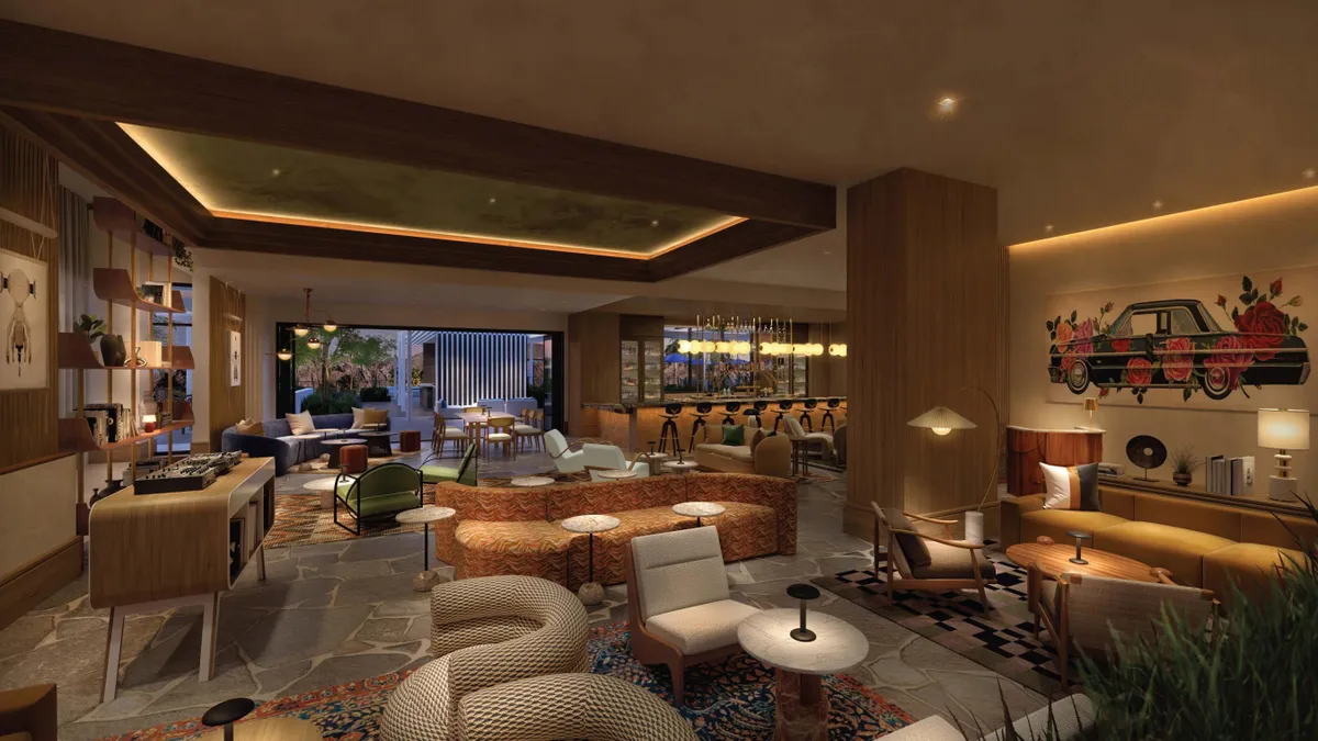 A rendering of the forthcoming lounge space at Thompson Palm Springs.