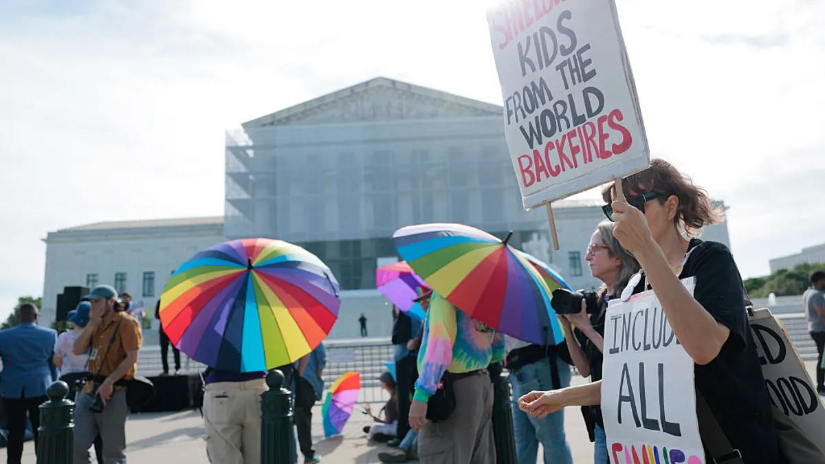 People are standing outside the U.S. Supreme Court building holding multicolored umbrellas and signs.