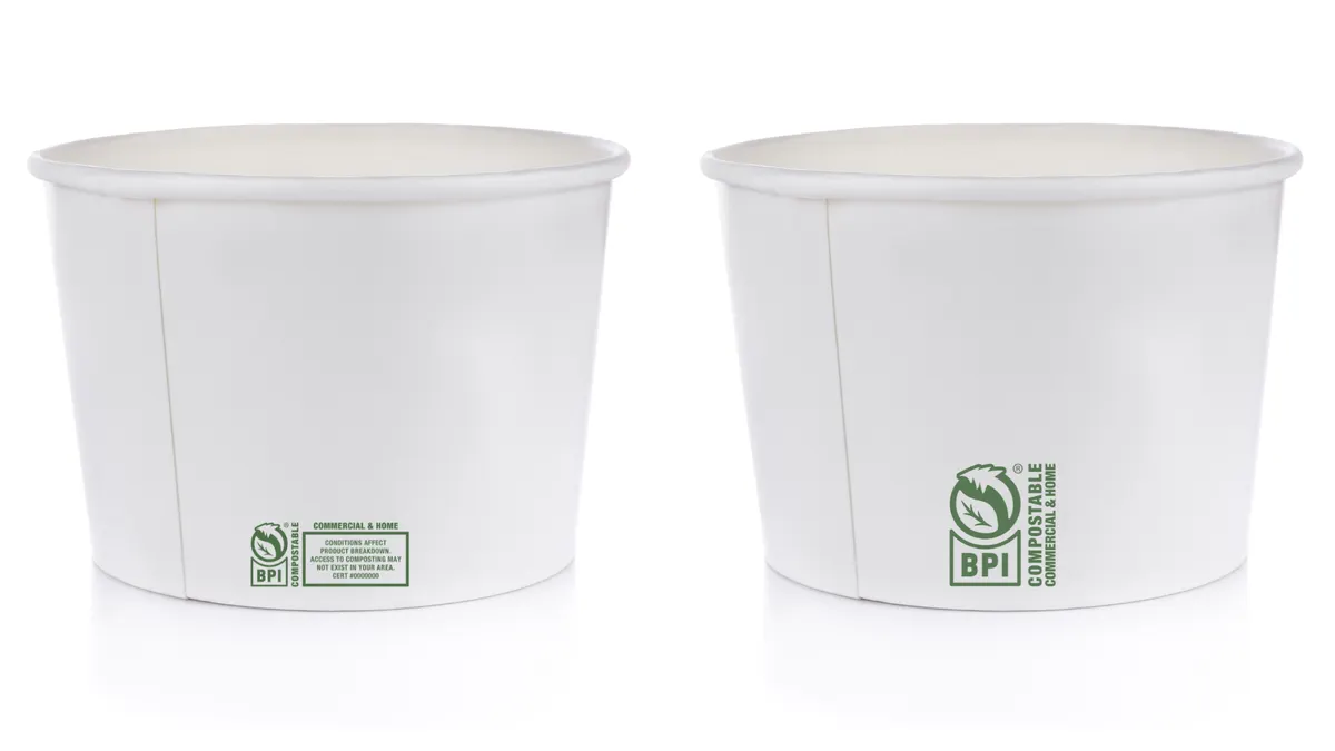 Two paper containers next to each other both have small, green labels indicating they are home and commercial compostable.