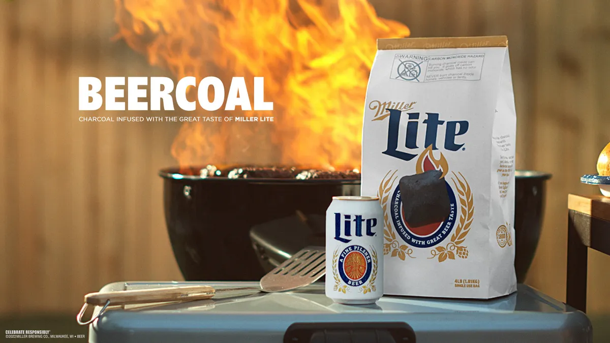 Miller Lite and a bag of beercoal