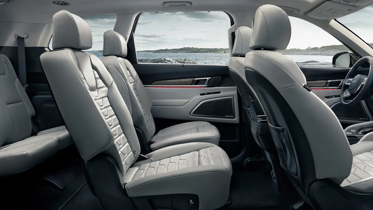 The interior of a 2023 Kia Telluride SUV as viewed from the passenger side showing the seat layout.