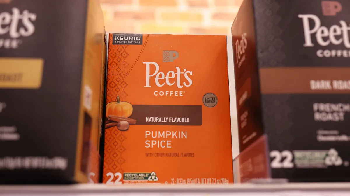 Peet's Coffee Keurig cups are for sale on a store shelf.