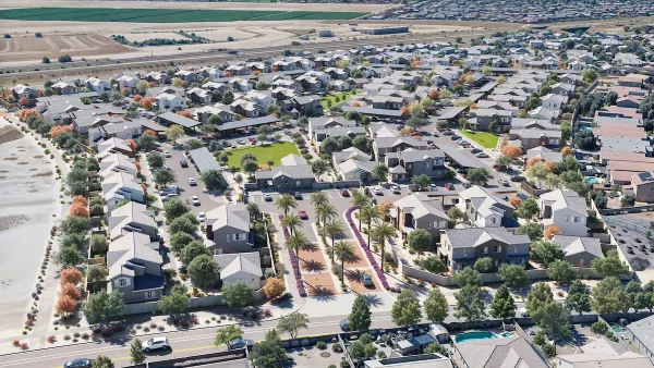 An overhead rendering of a streetscape and homes.