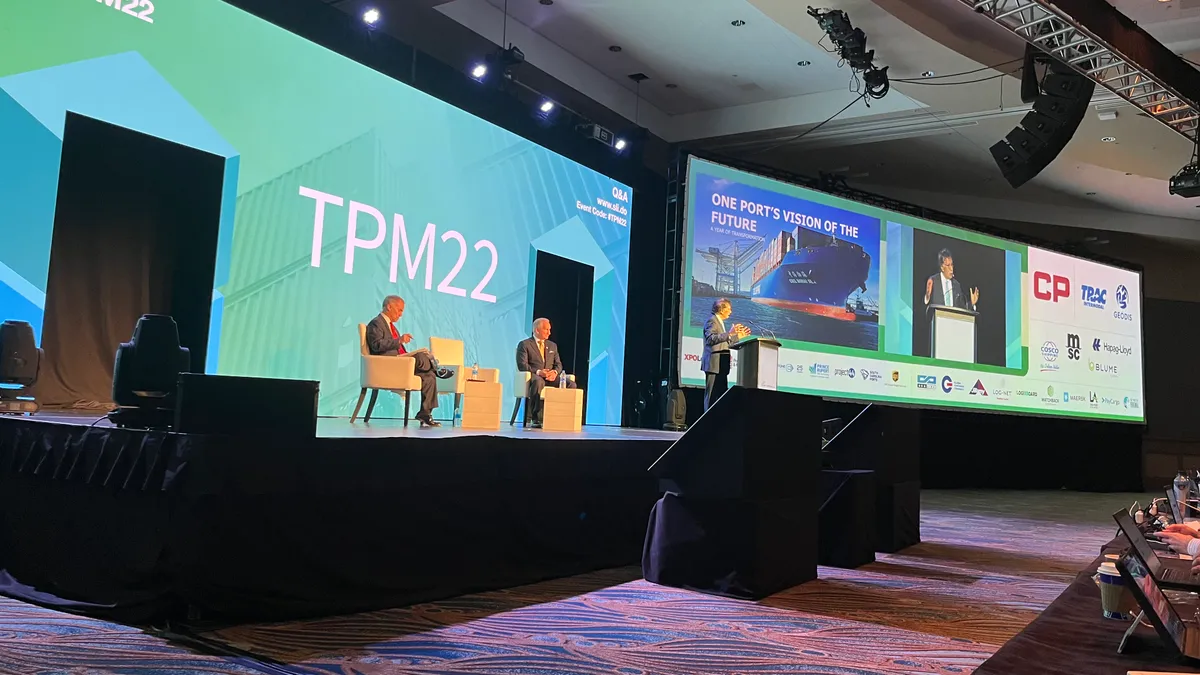 Port executive Mario Cordero speaks to a crowd in attendance at the Transpacific Maritime 2022 conference in Long Beach, California.