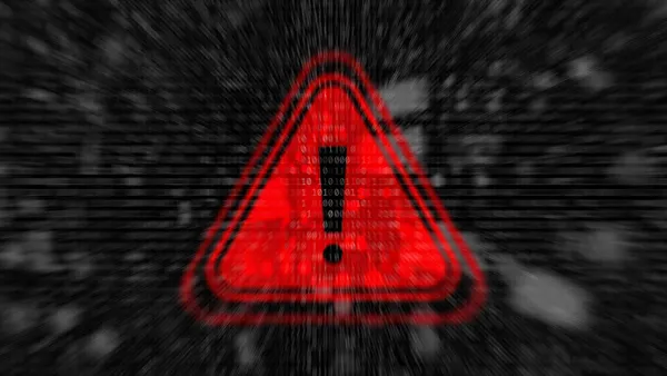 Cybersecurity warning with red warning symbol with binary code