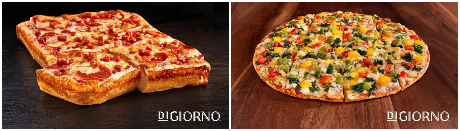 A square slice is cut out of a DiGiorno Double Pepperoni Detroit-Style Pizza at left, and a sliced round vegetable loaded Ultra-Thin Crust pizza is on the right.