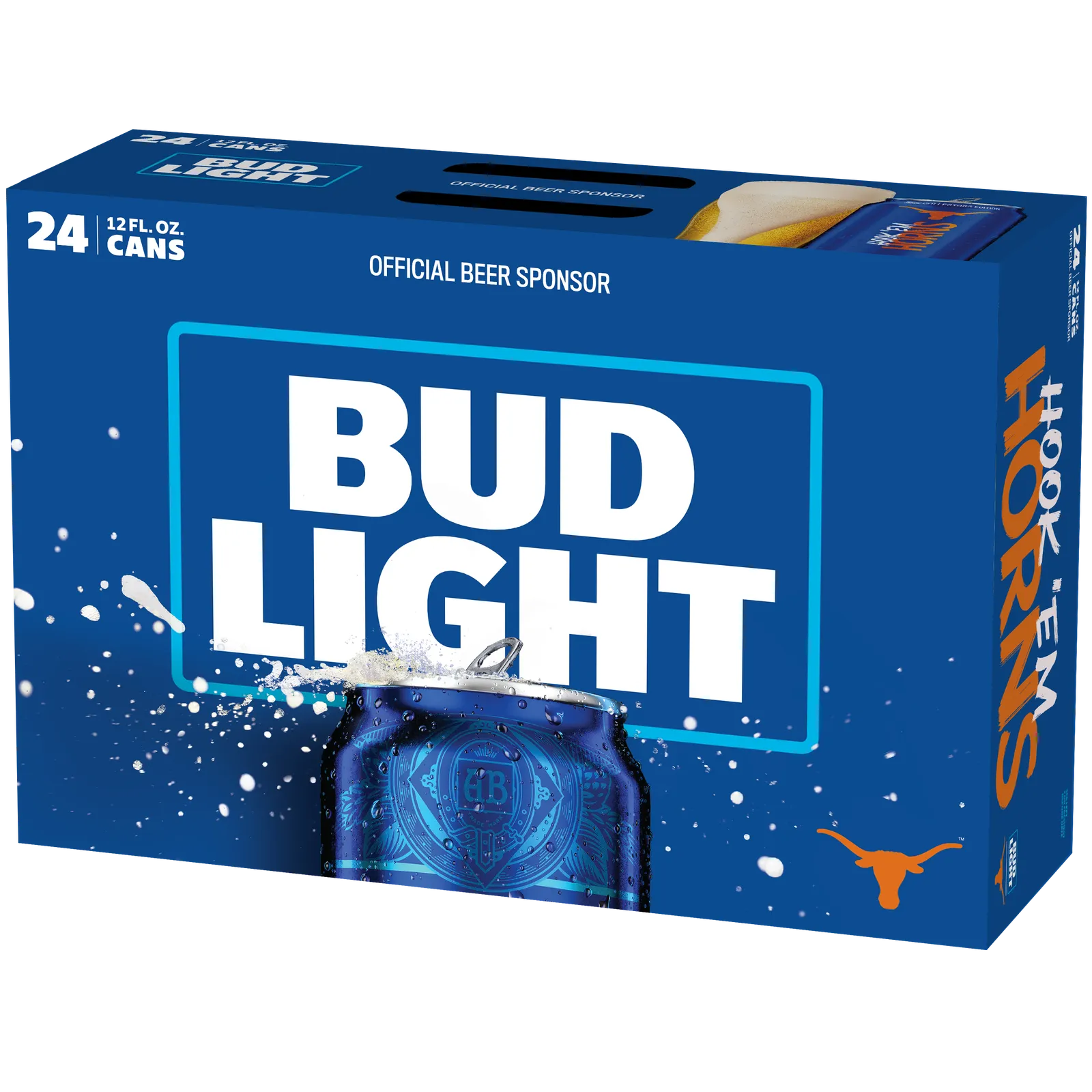 A blue case of University of Texas co-branded Bud Light against a white backdrop