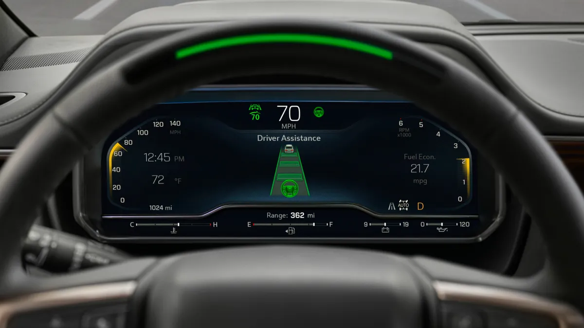 The instrument cluster of the 2023 Chevy Tahoe showing the Super Cruise driver assist feature active.