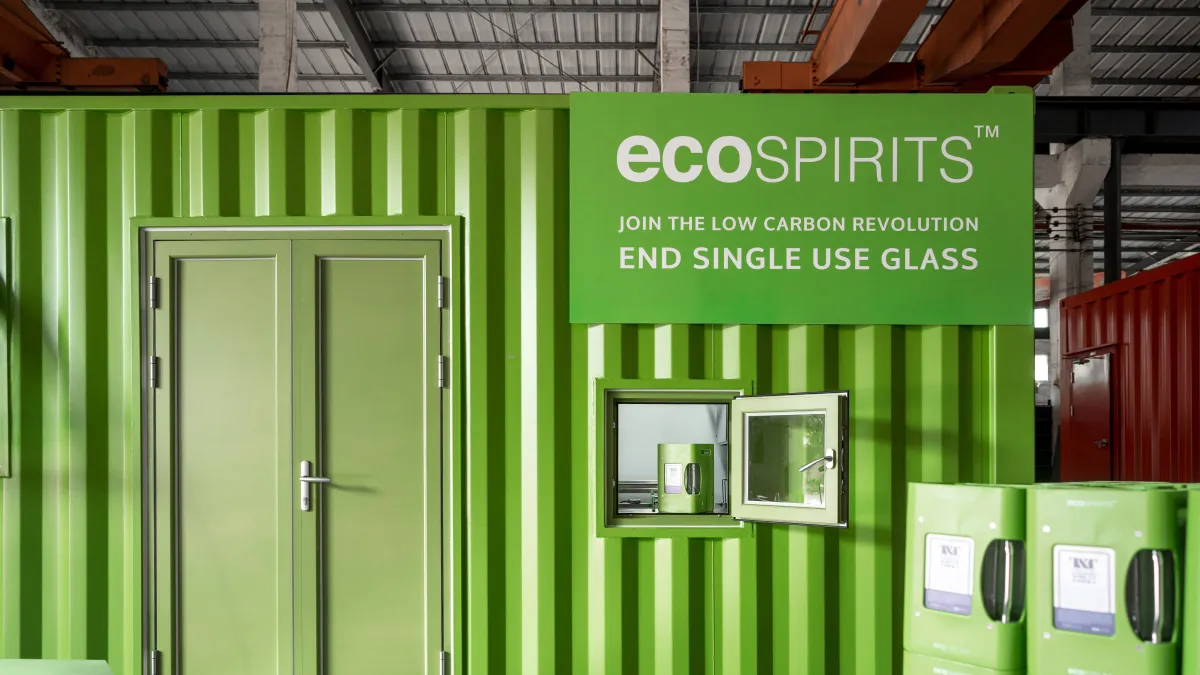 Ecospirits' closed-loop spirits refilling system, next to a stack of Ecototes to hold spirits