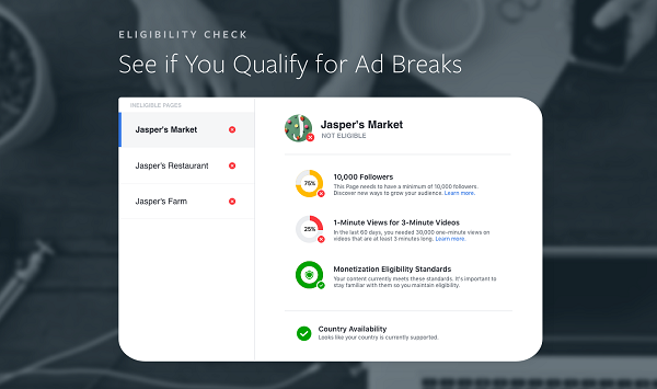 An example of Facebook's video ad eligibility page