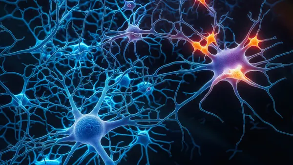 3D-rendered network of glowing neurons firing against a dark background.