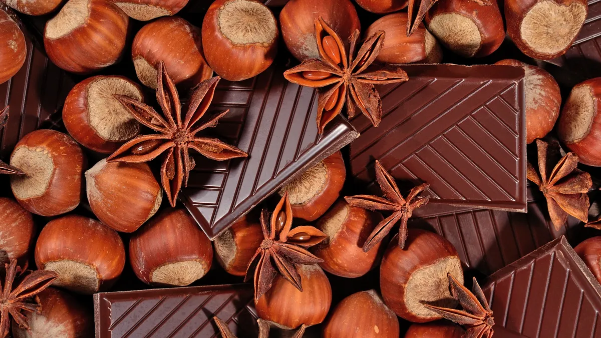 closeup image of chocolate and hazelnuts and other spices.