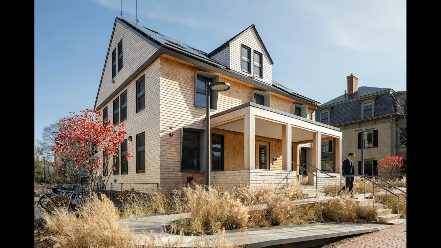 A facade of HouseZero retrofitted from a pre-1940s house into a prototype office building.