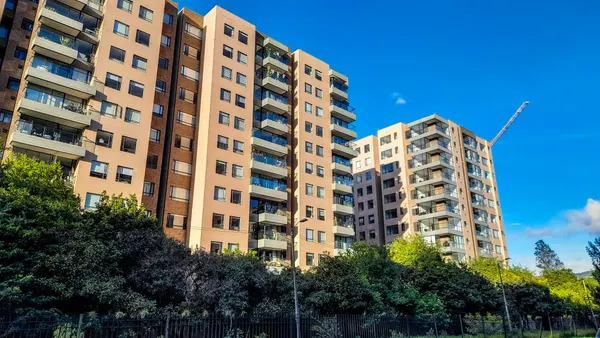 Brown residential buildings with blue sky