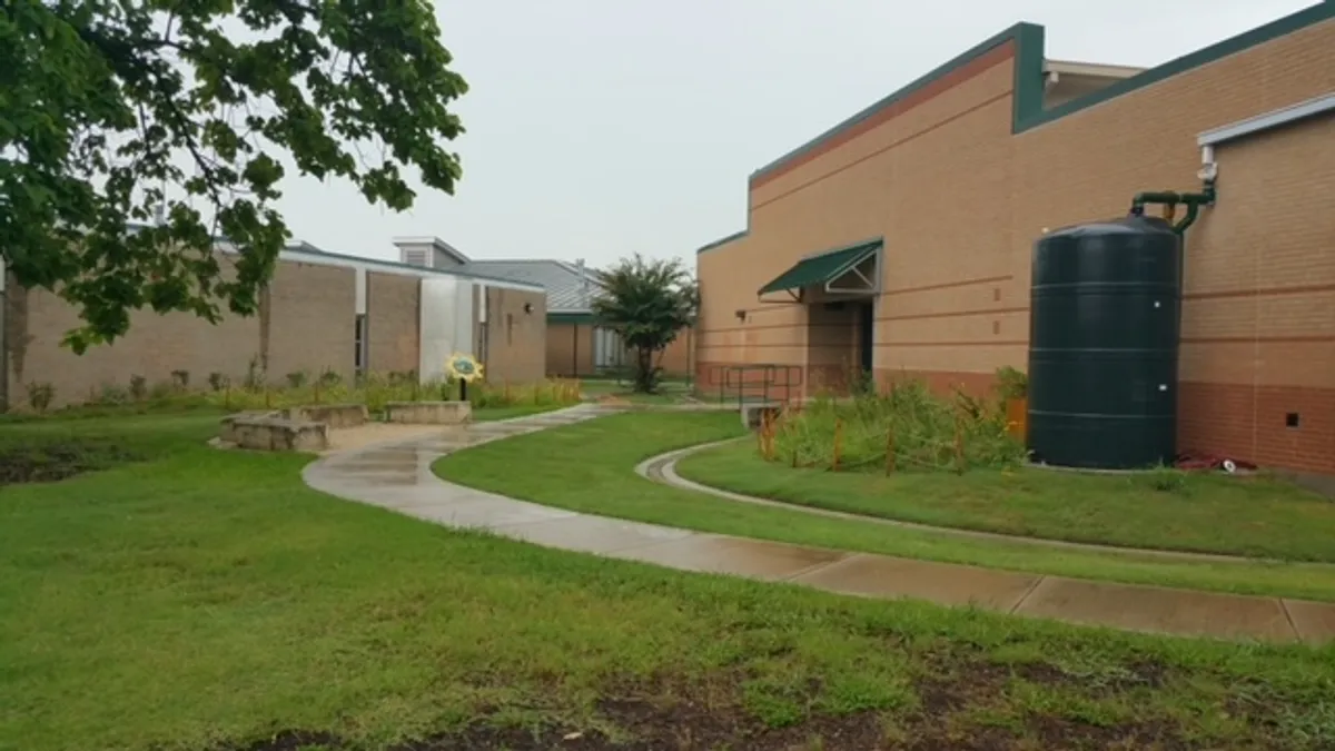 A rainwater harvesting and rain garden system.