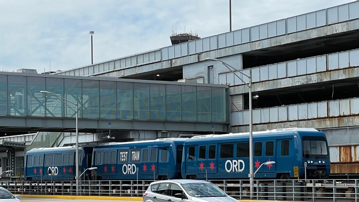 A Bombardier Innovia APM 256 undergoing testing in May 2021 at Chicago O'Hare airport.