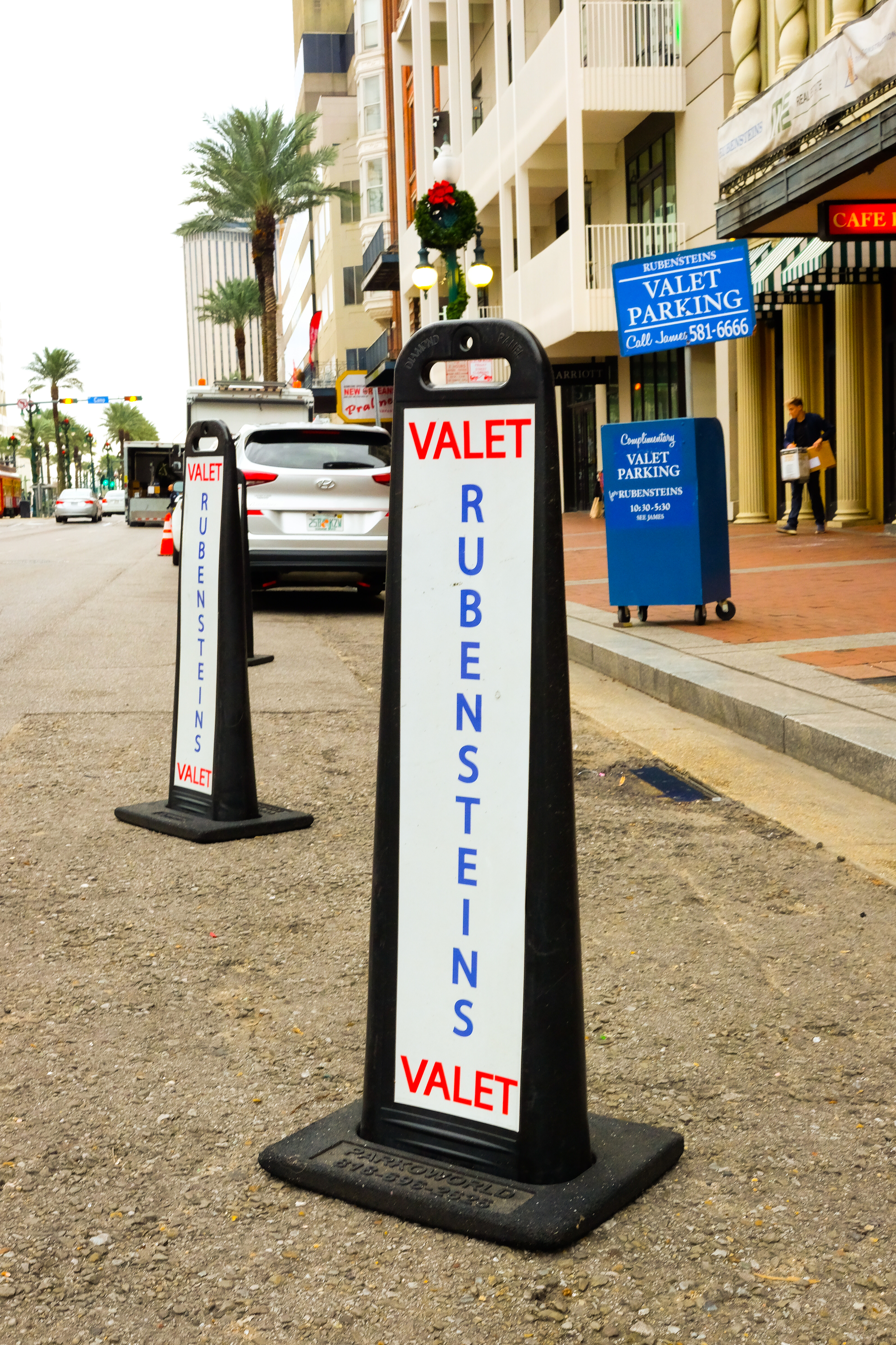 Just off a street curb, various signs for valet parking advertise the service for a store named Rubinsteins.