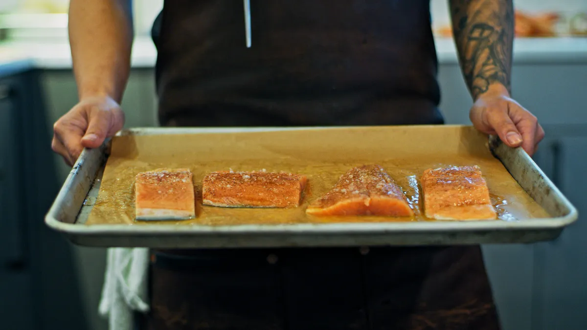 Salmon fillets on tray