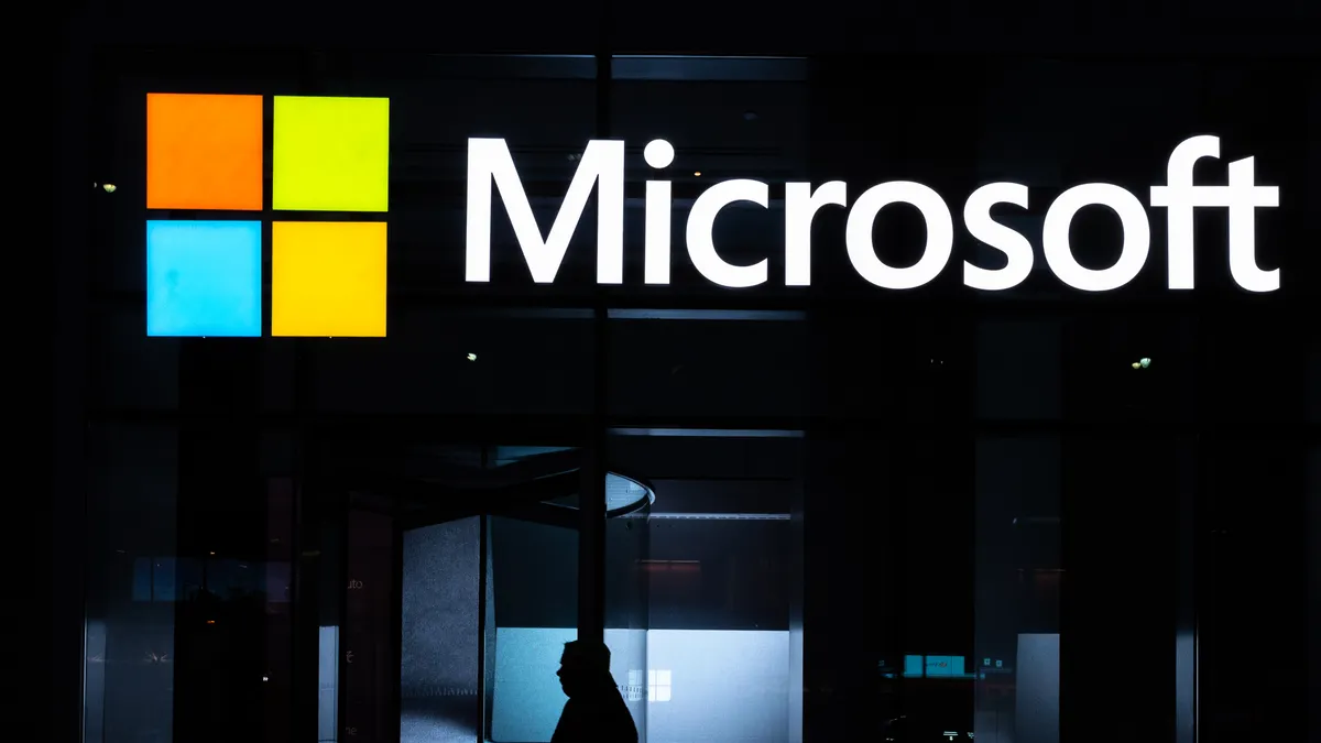 A signage of Microsoft is seen on March 13, 2020 in New York City.