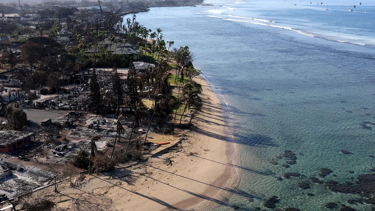 Scorched homes in businesses near the coast are seen in an aerial view