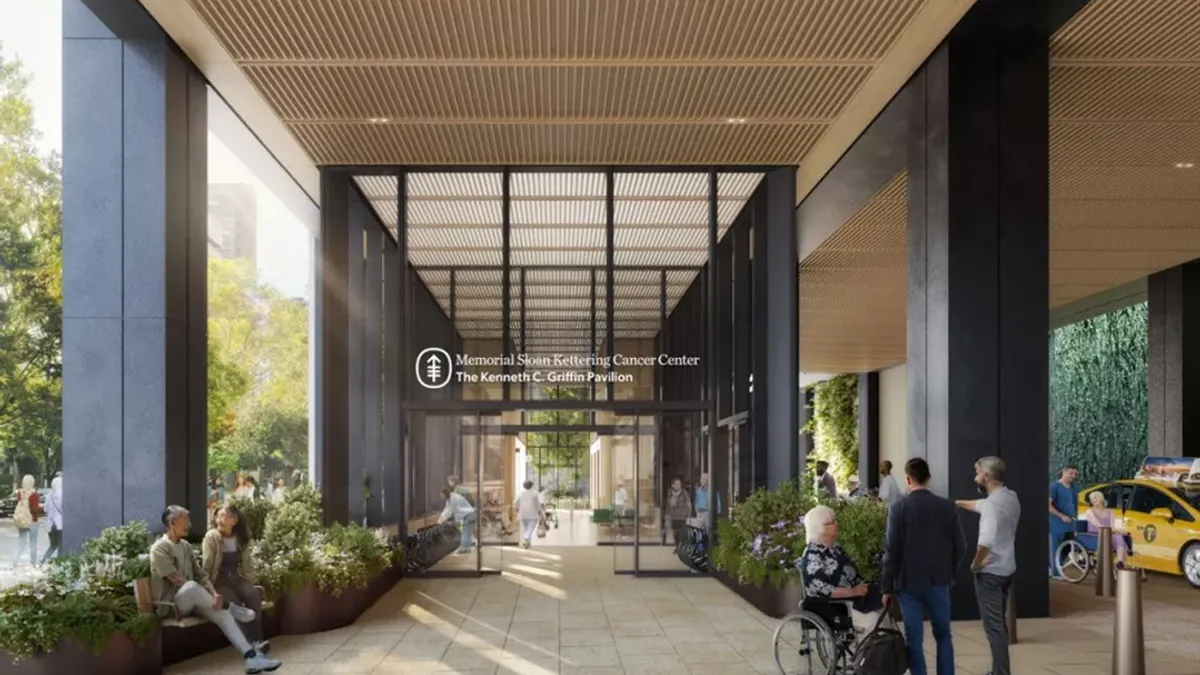 A rendering of the entrance of a building in soft lighting. The entrance reads "Memorial Sloan Kettering Cancer Center, The Kenneth C. Griffin Pavilion."