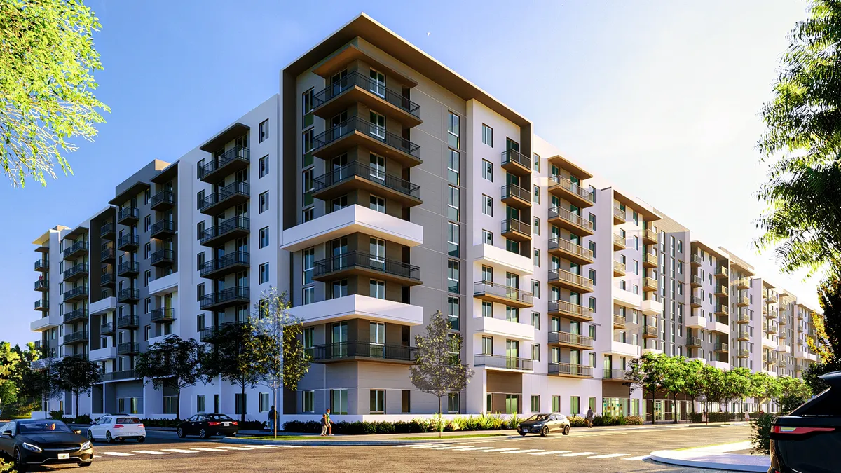 A rendering of a mid-rise apartment building.