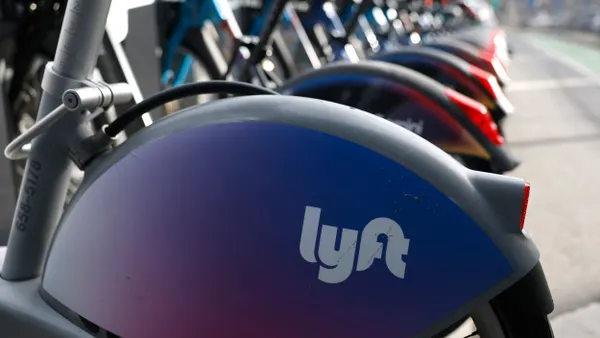 The Lyft logo is displayed on a Lyft bike on February 10, 2026 in San Francisco, California