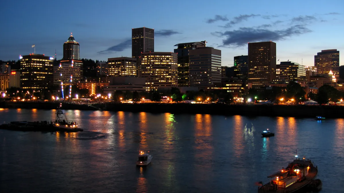 Portland Oregon at night, viewed from the water, with the sun setting and the skyline lit up by lights from buildings.